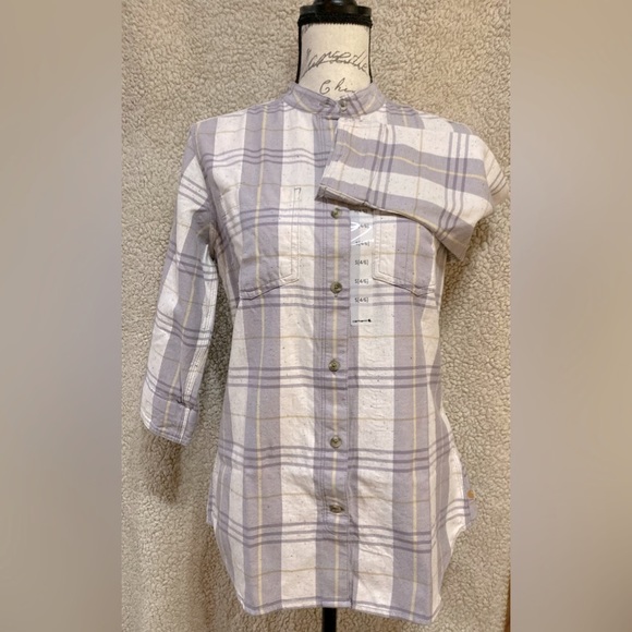 NWT!CARHARTT WOMAN LIGHT PURPLE RELAXED 3/4 SLEEVE PLAID SHIRT / SIZE S 4/6 - Picture 3 of 8
